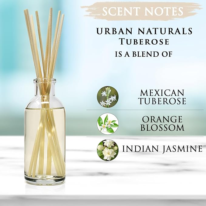 Urban Naturals Tuberose Fragrance Oil Reed Diffuser | Exotic Tuberose and Fragrant Orange Blossom | Floral Room Freshener with Reeds | Vegan. Made in The USA