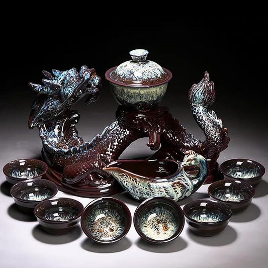 Chinese Gongfu Tea Set - Ceramic Teapot with Infuser, 8 Cups, Semi Automatic Dragon Design for Loose Leaf Tea