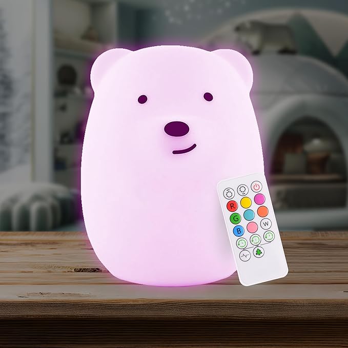 Lumipets Benny The Bear Squishy Silicone Night Light for Kids | Cute Night Light with Remote & Touch Control for Girls & Boys | 9 Color Changing Soft Portable Animal Lamp Comes with USB Cord - Bloomnest