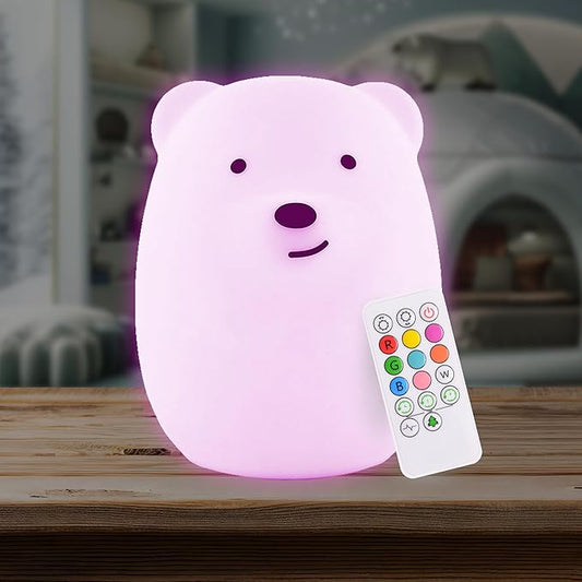 Lumipets Benny The Bear Squishy Silicone Night Light for Kids | Cute Night Light with Remote & Touch Control for Girls & Boys | 9 Color Changing Soft Portable Animal Lamp Comes with USB Cord - Bloomnest
