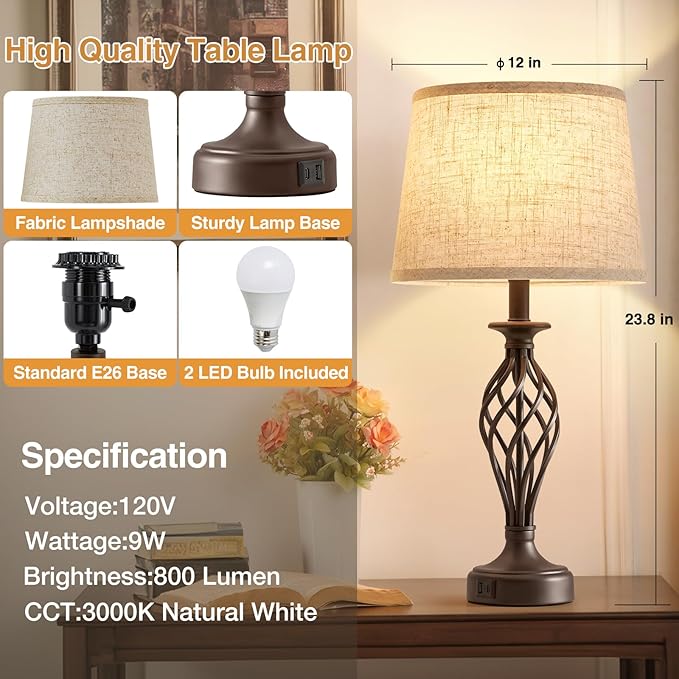Table Lamp for Bedroom Set of 2 with USB C+A Ports - Modern Brown Bedside Lamps with Spiral Cage Base Fabric Shade - Nightstand Lamp for Living Room Reading Bed Side End Table 2 LED Bulbs Included - Bloomnest