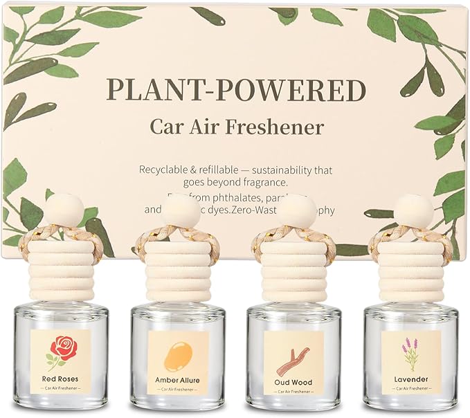 Car Air Freshener Oil Diffuser - Hanging Long Lasting Scent for Car & Home, Essential Oil Freshener with Adjustable Fragrance (Lavender+Red Roses+Oud Wood+Amber Allure) - Bloomnest