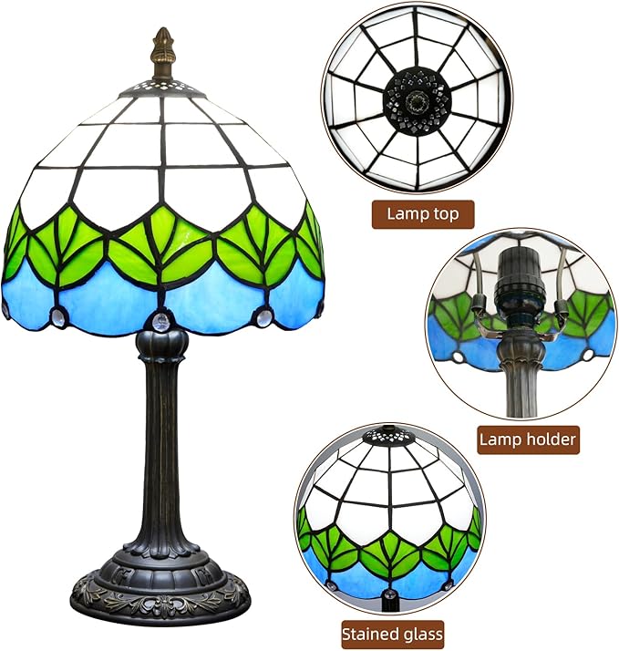 Small Tiffany Lamp Stained Glass Table Lamp Elegant Lovely Retro Style Green Lotus Leaf Bedside Nightlight Nightstand Bedroom Home Decoration Antique Living Room Office Interesting Lamp - Bloomnest