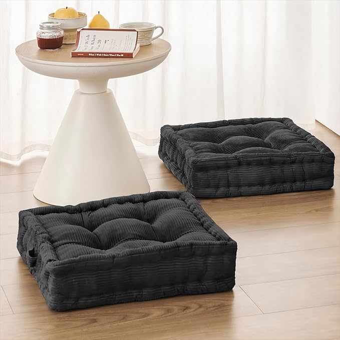 Wellsin Square Floor Pillows for Adults Kids - Meditation Floor Pillow Seating Cushion - Tufted Floor Cushion with Shredded Foam & Velvet Cover, 2 Pack, 20x20 Inch, Gray