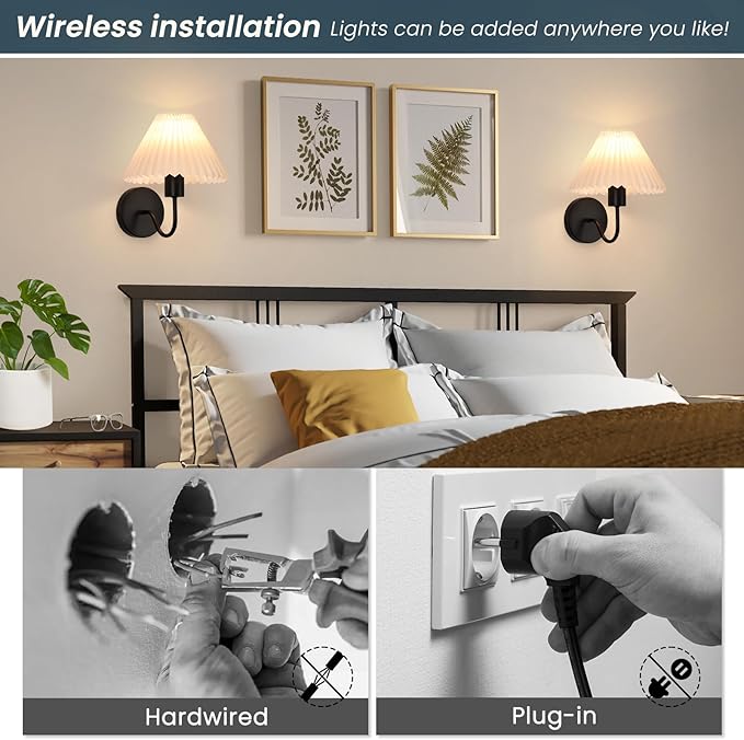 Rechargeable Battery Operated Wall Sconce Sets of 2, 15 Colors Wireless gooseneck Black Wall Lights Fixture with Dimmable Bulbs and Remote, Not Hardwired Wall Mounted Lamps for Bedroom Living Room - Bloomnest