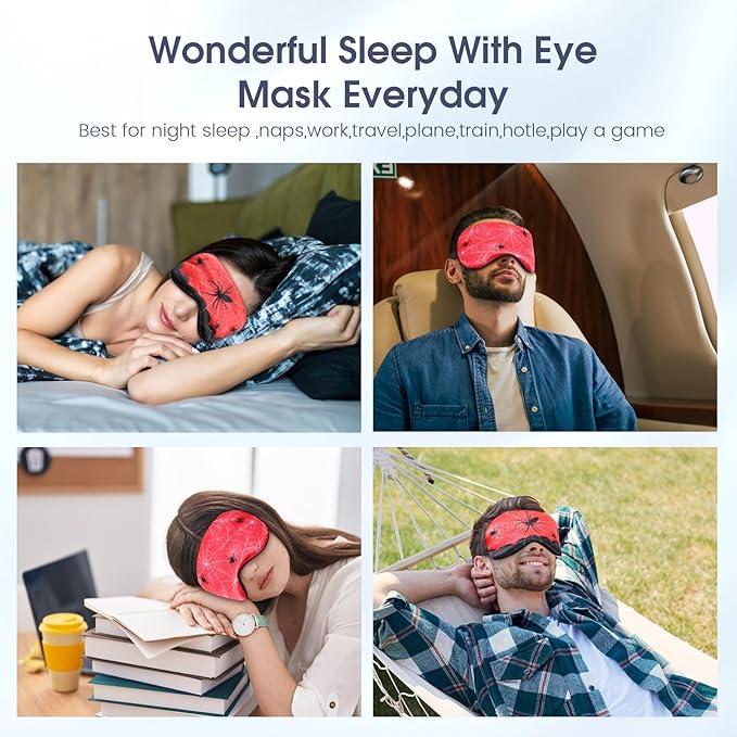2 Pcs Sleep Mask for Kids Boys, Silk Eye Covers for Sleeping, Adjustable Strap & Light Blocking Design, Adult Children's Bedtime Blindfold for Travel and Home Use (Spider) - Bloomnest