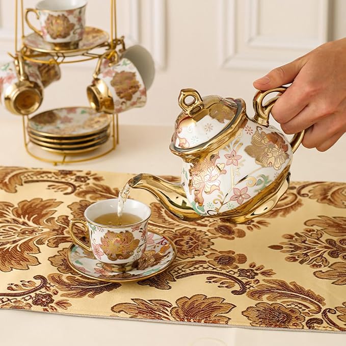 CHANJOON Gold Plated Red Rose Ceramic Tea Set, Vintage Tea Sets with Teapot, Beautiful Tea Set Coffee Serving 6 People (pink, Medium) - Bloomnest
