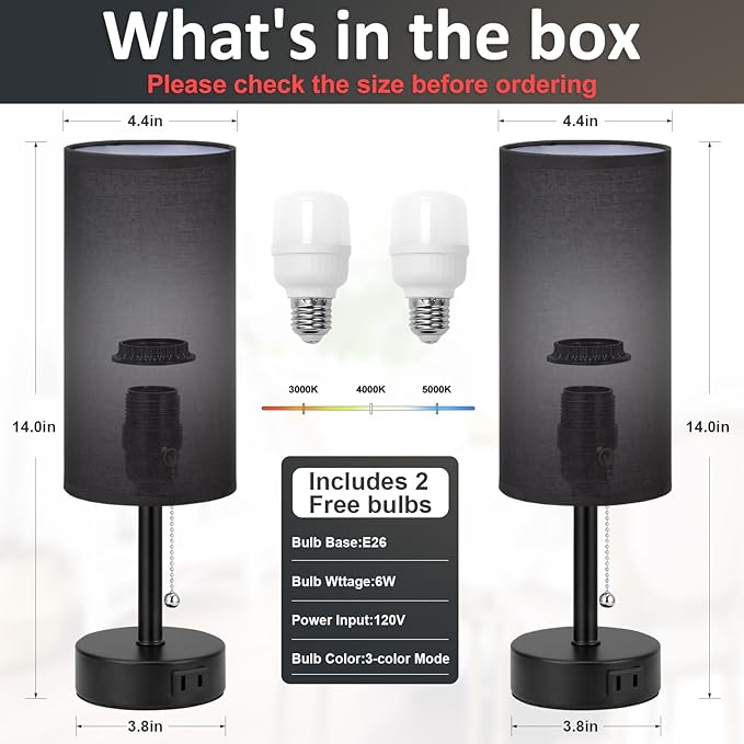Fenmzee Black Bedside Table Lamps Set of 2-3 Color Temperatures Pull Chain Lamp with AC Outlet Charging Port, Round Night Stand Lamps for Bedroom Office, Small Bed Side Light with E26 LED Bulbs - Bloomnest