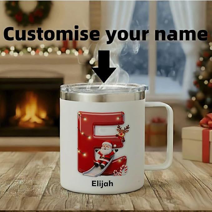 Personalized Christmas Insulated Coffee Mug with Handle – Custom Initial Letter [C] Double Wall Stainless Steel Travel Tumbler for Hot & Cold Drinks – Holiday Gift for Men,Women,&Kids(B113) - Bloomnest