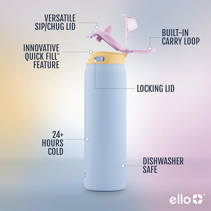 Ello Pop & Fill Insulated Stainless Steel Water Bottle with Quick Fill Lid, Leakproof Locking, Sip or Chug Spout, BPA-Free, Double Wall Vacuum Insulated for Sports, Travel & School- 22oz / 32oz / 40oz Ello
