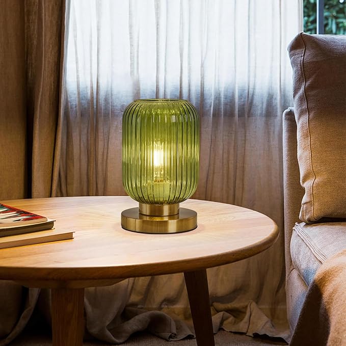 Glass Table Lamps Mid Century Modern Globe, Dimmable Green Table Lamp for Nightstand, Small Gold Table Lamp, Green Pumpkin Design Ribbed Glass Vintage Bedside Lamp for Bedroom Living Room Office - Bloomnest