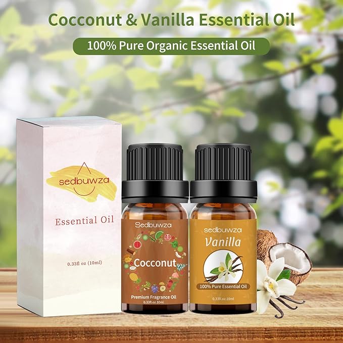 Sedbuwza Vanilla Coconut Essential Oil Set, Vanilla Fragrance Oil Coconut Scent Oil Set for Diffuser, Aromatherapy, Massage, Soap, Candle Making 2 x 10 ml Sedbuwza