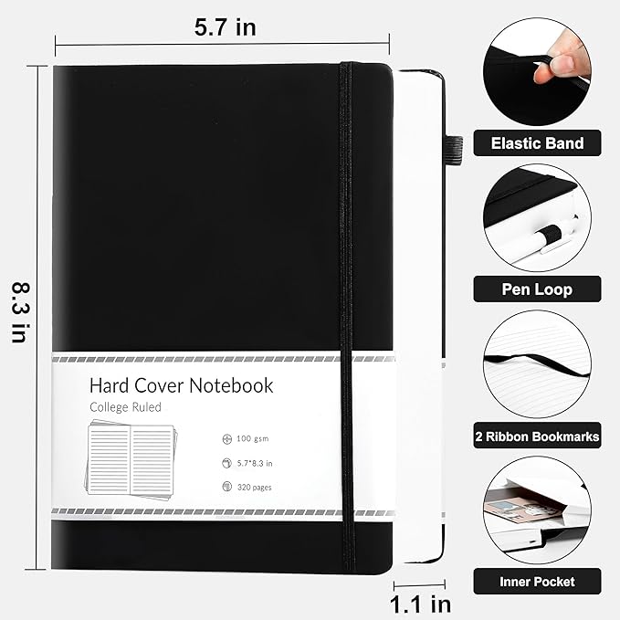 CAGIE Journal Notebook for Men Women 320 Pages Journaling Notebooks Leather Journals for Writing Hardcover for Work Diary Lined A5, Black - Bloomnest