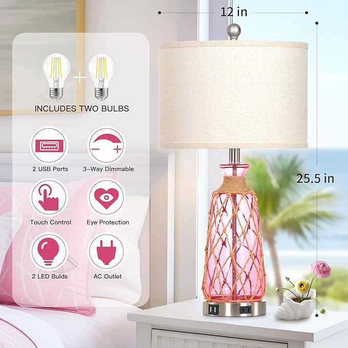 25.5" Coastal Glass Table Lamps Set of 2, 3-Way Dimmable Touch Control Bedside Lamps with 2 USB Ports and AC Outlet, Pink Nautical Nightstand Lamps for Bedroom Living Room (LED Bulbs Included) - Bloomnest