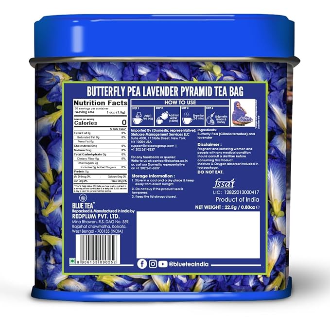 BLUE TEA - Butterfly Pea Flower Tea - Lavender - 15 Count - Pyramid Plant Based Tea Bag | ANTIOXIDANT RICH | Calming Tea - Caffeine Free - Flower Based - Herbal Tea - Non-GMO | Tin Packaging - Bloomnest