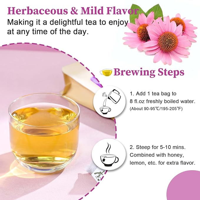 FullChea - Echinacea Tea Bags, 50 Count, 2g/bag - Premium Echinacea Purpurea Herb - Non-GMO - Caffeine-free - Aid Digestion & Boost Immunity - Bloomnest
