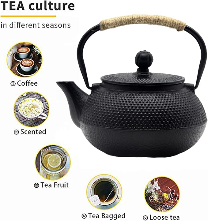 YJX Cast Iron Teapot Set with Cast Iron Warmer, Japanese Tetsubin Tea Kettle Set with Cups,Cast Iron Teapot with Stainless Steel Infuser and Enameled Interior(600ml Teapot Set Combination 1), Black - Bloomnest