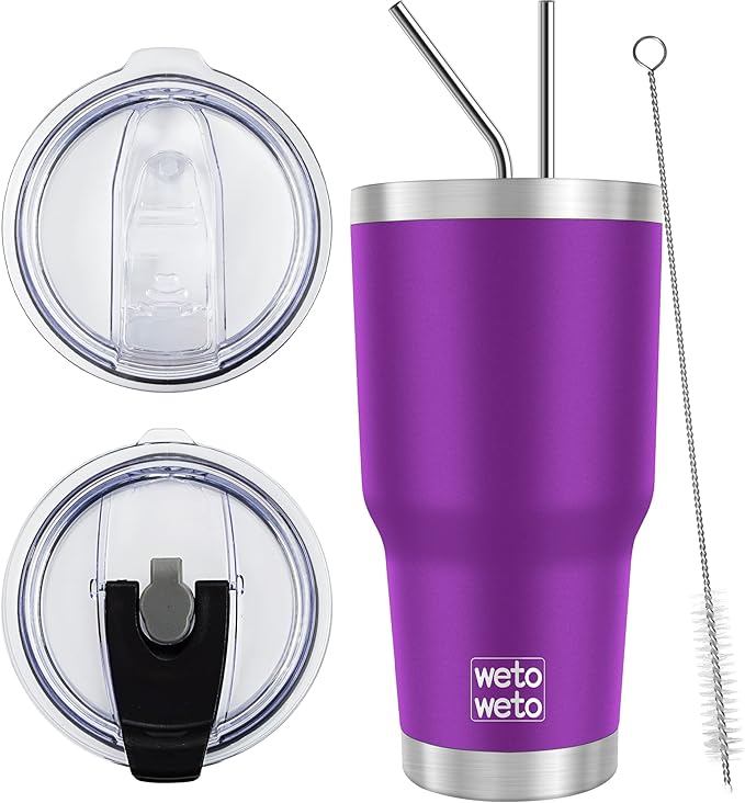 WETOWETO 30 oz Tumbler with 2 Lids and 2 Straws,18/8 Stainless Steel Vacuum Insulated Coffee Tumbler,Insulated Travel Mug Water Cup with Leak-Proof Straw Lid & Flip Lid (Purple, 1 Pack)