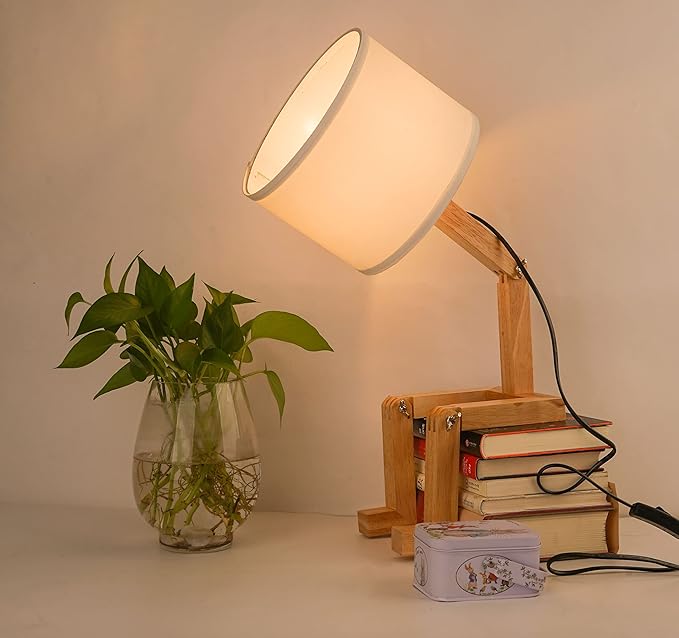 ELINKUME Robot Bedside Lamp, Fabric Lampshade Match Foldable Solid Wood Body, Creative E27 Screw Table Lamp for Bedroom Living Room - Bloomnest