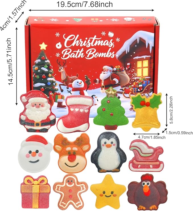 Christmas Bath Bombs for Kids & Women, Handmade Bath Bomb Gift Set of 12 Festive Shapes, Perfect Stocking Stuffers for Teen Girls & Boys, Skin Care Bathbombs as Christmas Gifts for Kids - Bloomnest