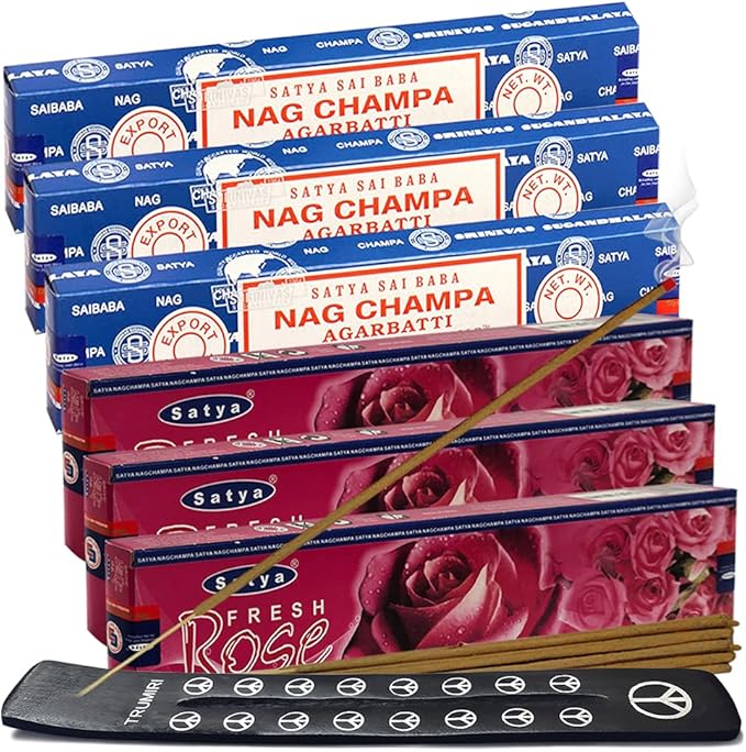 Nag Champa Rose Incense Sticks & Holder Bundle Variety Pack from House of Satya Incense Sticks and Trumiri TRUMIRI