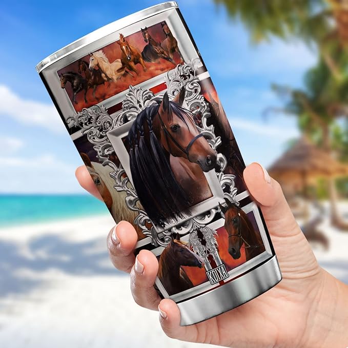 Horse Stainless Steel Tumbler With Lid 20oz Equestrian Farm Animal Print Cup Horses Gift Ideas Husband Present Insulated Travel Coffee Mug Vintage Horse Printed Gifts For Him - Bloomnest