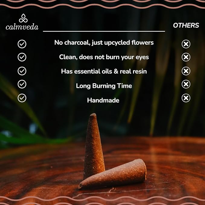 Organic Incense Cones Scented - (120 Cone Incenses, 10 Variants) Clean No Charcoal Incense, Made from Upcycled Flowers | Palo Santo, Frankincense, Nag Champa Cones, etc. (with Holder) CalmvedaIncenseAromatherapy