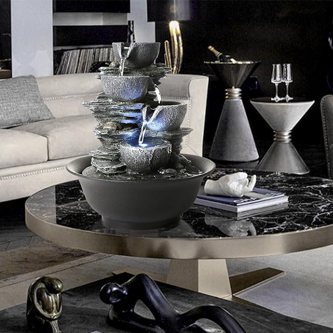 WICHEMI Indoor Water Fountain Tabletop Fountains Waterfall Fountain Indoor Water Feature Feng Shui Zen Meditation Cascading Desktop Fountains with LED Light for Home Office Indoor Decor (Style 15)