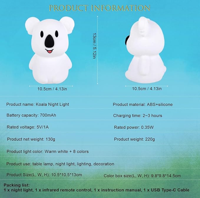Night Light for Kids Koala Multicolor Bedside Lamp Room Decor Lamp Children NightLights Decorative Light - Eye Caring, Adjustable Brightness & Color, Time Setting, Holiday Gift - Medium - Bloomnest