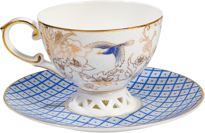 ACMLIFE Bone China Tea Cup and Saucer Set for 1, Vintage Floral Tea Cup with Saucer, Spoon and Gift Box, 6.8 oz (Blue B) - Bloomnest