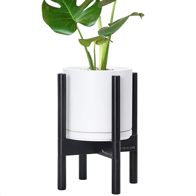 D'vine Dev Ceramic Planter with Ebony Stand - 8 Inch Modern Round Flower Pot with Wood Planter Holder, White, 55-B-M-1 - Bloomnest