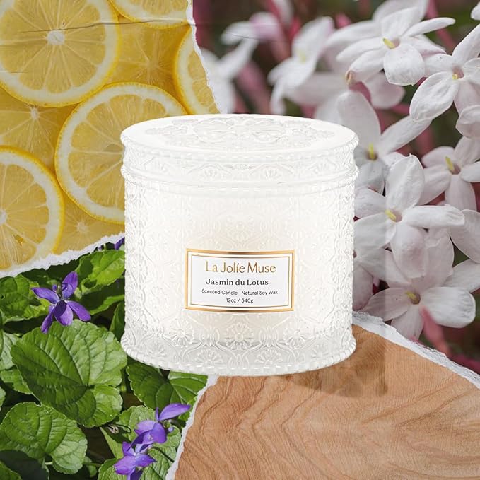 LA JOLIE MUSE Jasmin du Lotus Candle - Ivy, Jasmine, Cedarwood | 12 oz Large 2-Wick Soy Wax Candle | 60 Hours Clean Burn | Floral Scented Candle | Gift-Ready for Hosts & Gatherings - Bloomnest