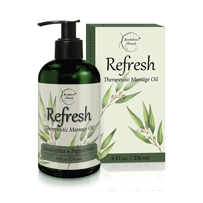 Refresh Massage Oil for Massage Therapy with Eucalyptus & Peppermint Essential Oils - All Natural Sore Muscle Relief. Ideal for Full Body Relaxation – Nut Free Formula 8oz - Bloomnest