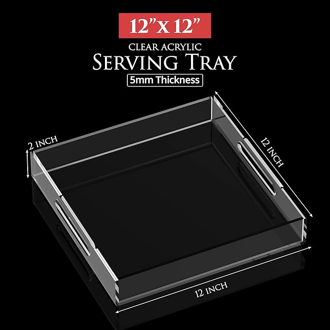 Acrylic Tray 12x12 with Cut Handles - Spill Proof Decorative Tray is an Ideal Countertop Organizer for Living Rooms, Ottoman Coffee Tables, Offices, Kitchens & Serving Guests - Bloomnest