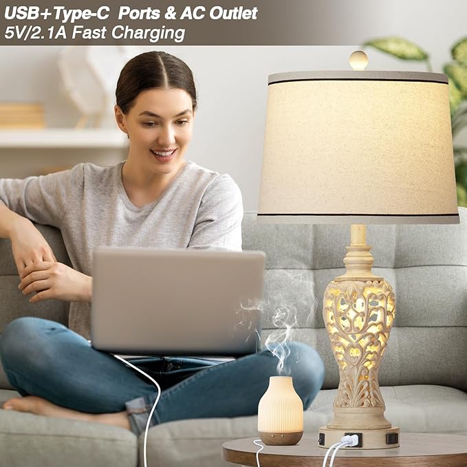 Table Lamps Set of 2, Farmhouse Table Lamps with Nightlight, Rustic Bedside Lamps with Dual USB & AC Outlet, 25.2'' Beige Vintage Nightstand Lamps for Bedroom Living Room, Bulbs Included - Bloomnest