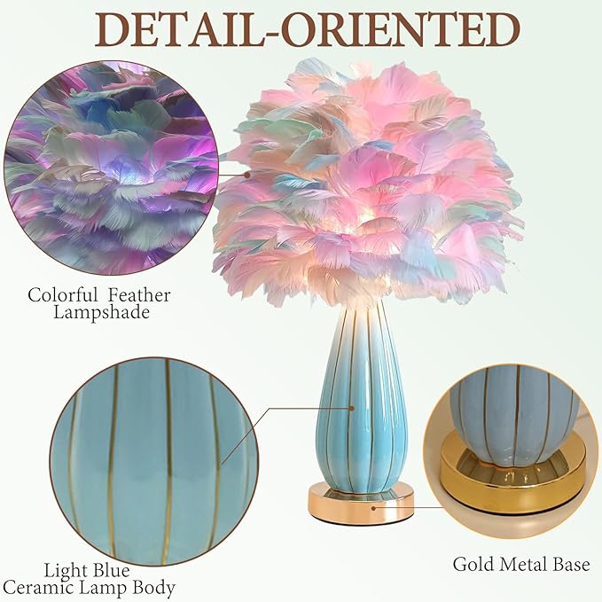 Colorful Feather Lamp Modern Fuzzy Table Lamp Romantic Rainbow Bedside Lamp Nordic Fluffy Princess Nightstand Light for Girl Bedroom Living Room Entry Office Wedding Decor Christmas Gift - Bloomnest