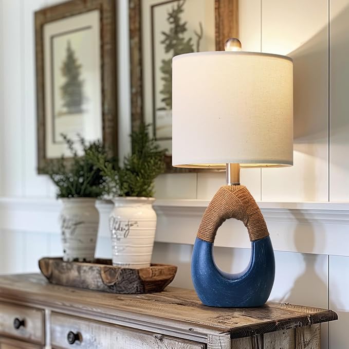OYEARS 19" Boho Lamp for Bedroom, Bedside for Nightstands, Table Lamp for Living Room,Suitable for Small Space,Coastal Farmhouse, End Table, Rattan Nautical Beach Style, Blue,1 Pack - Bloomnest