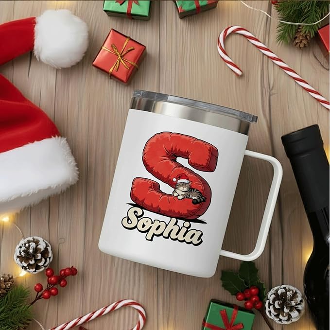JugJug Personalized Christmas Cat Mug with Initial & Name - Funny Grumpy 12oz Insulated Coffee Cup with Lid - Xmas Gifts for Cat Lovers, Women, Girls (B179) - Bloomnest