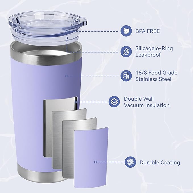 HASLE OUTFITTERS 20oz Stainless Steel Tumblers Bulk, Insulated Travel Cup with Lid, Double Wall Vacuum Coffee Mug for Cold & Hot Drinks 4 Pack, Light Purple - Bloomnest