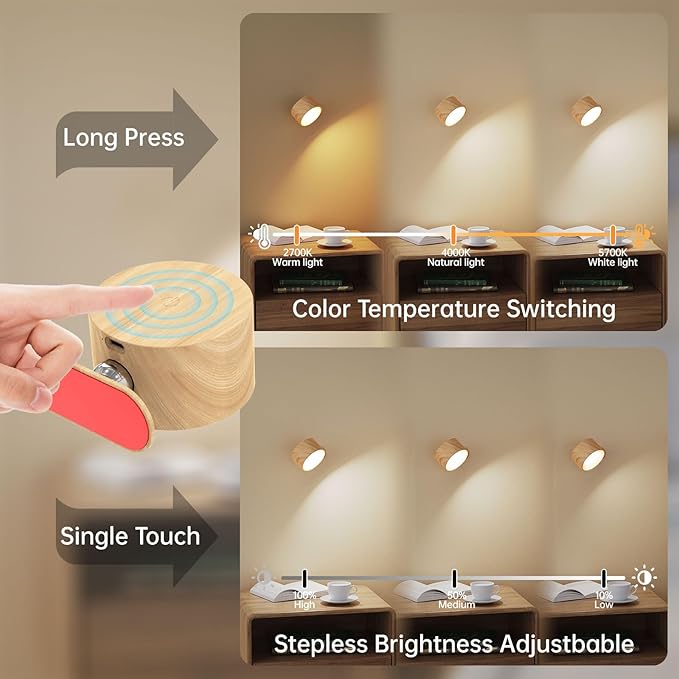 2Pack Battery Operated Wall Sconce, 3 Color Modes 3 Brightness Levels 360°Rotation Lighting Touch Control, Wall Mounted Lamp LED Wall Lights for Bedroom Reading Bedside, Wall Sconces Set of Two - Bloomnest
