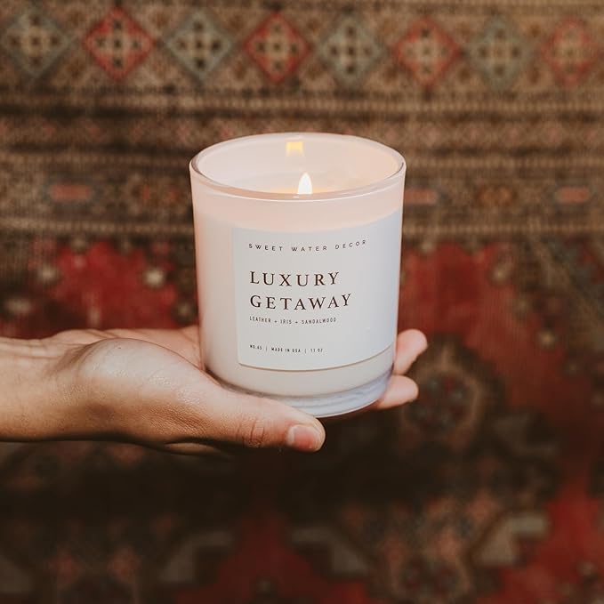Sweet Water Decor Luxury Getaway Scented Candles - Soy Candles with Lemon, Cedarwood, Cinnamon, Vetiver, Amber & Musk Home Scent - Candle Wax with 50 Hours Burn Time - 11Oz Wood Lid White Jar Candles - Bloomnest