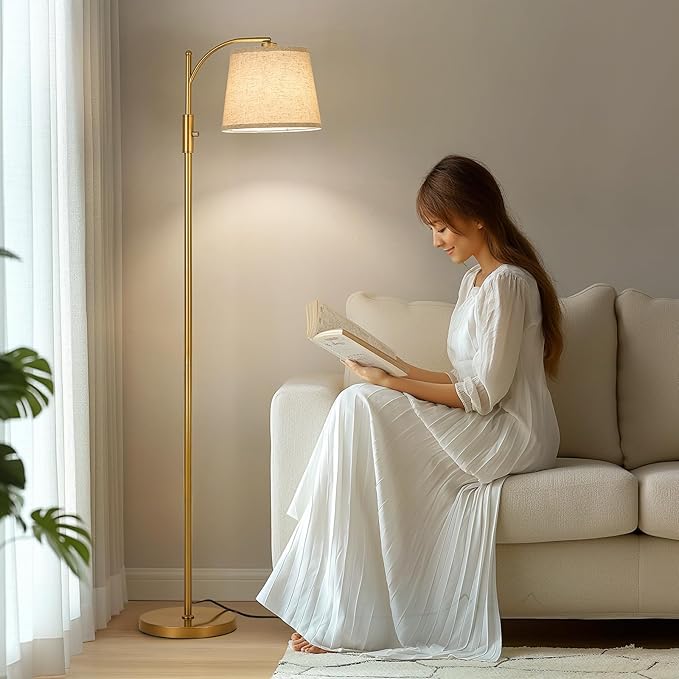 AIDENOEY Fully Dimmable Floor Lamp for Living Room，Standing Lamp Rotary Switch with Linen Beige Shade，Golden Tall Lamps for Bedroom with Adjust Head，9W LED Bulb Included - Bloomnest