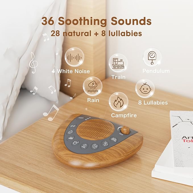 Raynic Noise Machine, Battery Powered Sound Machine, Portable Sleep Machine with 36 Natural Soothing Sounds, Timer, USB Port, Headphone Jack for Baby, Kids, Adults, Travel, Office (Yellow Wood Grain) - Bloomnest