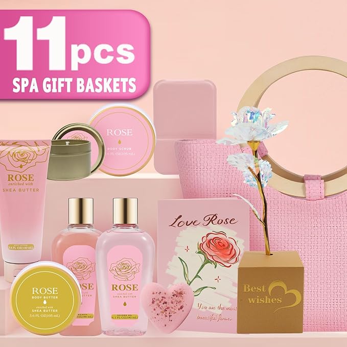 Spa Luxetique Gift Baskets for Women, Mothers Day Gifts for Mom, 11pcs Rose Sets, Relaxing Bath Sets for Women, Christmas Gifts for Her - Bloomnest
