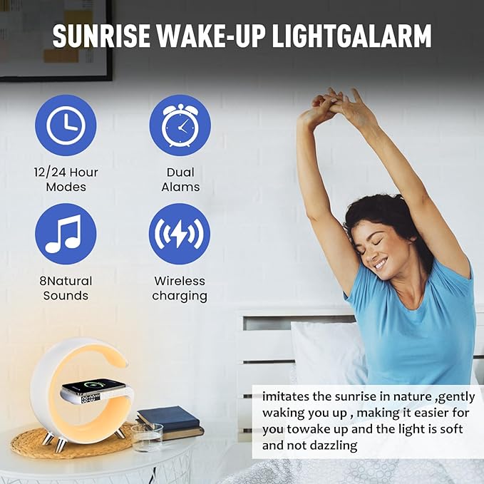 Smart LED Table Lamp, 4-in-1 Wireless Charger, Night Light, Alarm Clock, and Bluetooth Speaker with App Control for Bedroom, Office, and Home Decor (White) - Bloomnest