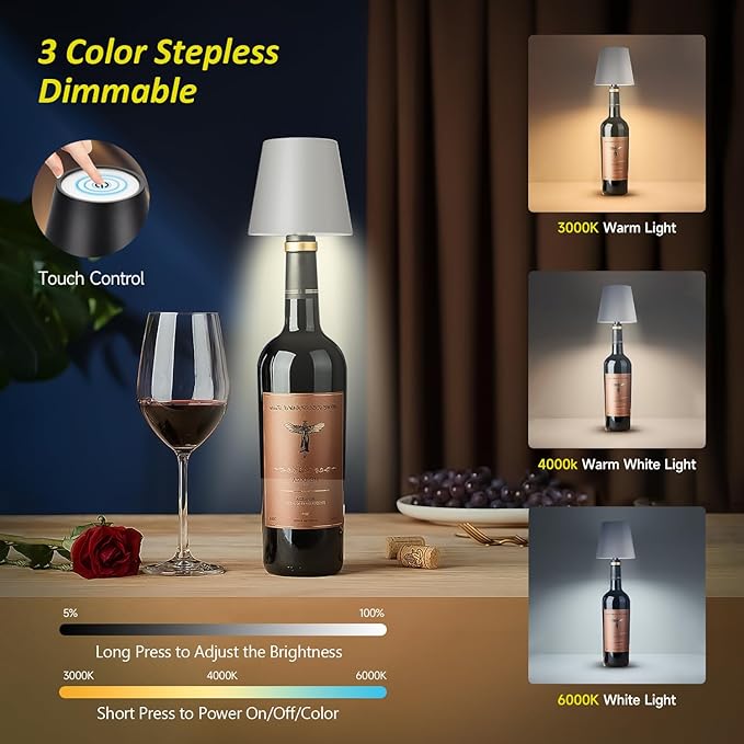2025 New Wireless Bottle Lamp - LED Bottle Lights for Liquor & Wine Bottles, Cordless Lampshade, Whiskey Bottle Top Light, Bottle Stopper Night Light Kit, Rechargeable 3-Tone Touch-Dimmable - Bloomnest
