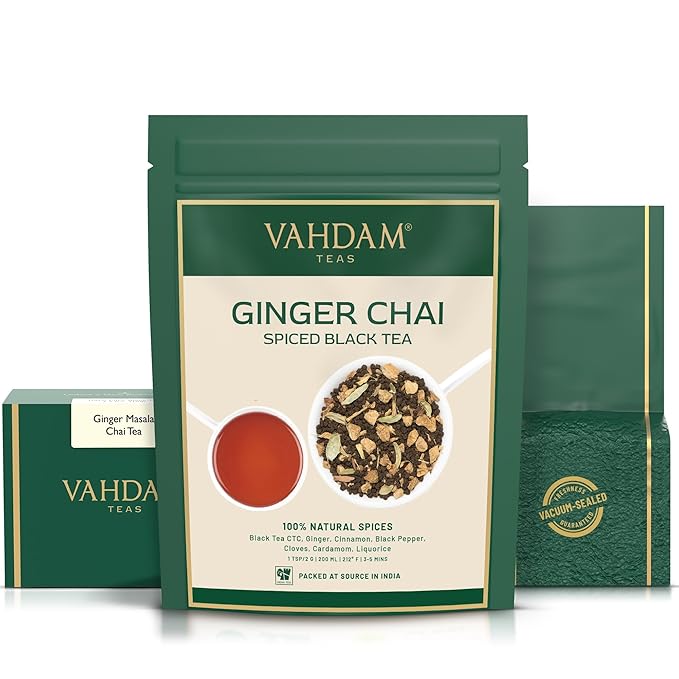 VAHDAM, Ginger Masala Chai Tea (50+ Cups,3.53oz) Authentic Indian Ginger Tea | Spiced Chai Tea Loose Leaf | Brew Hot, Iced Or Chai Latte | Vacuum Sealed Pack - Bloomnest