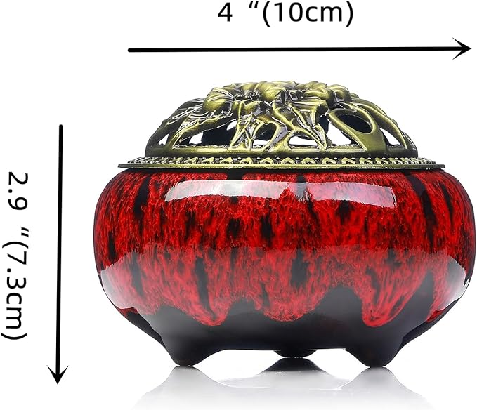 Incense Burner with Calabash Incense Stick Holder - Porcelain Charcoal Censer for Use with Resin Granular Powder Cone or Coil Incense (Kiln-Colored Red) - Bloomnest