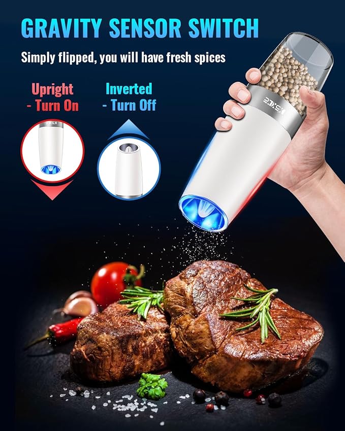 XinXu Gravity Electric Pepper and Salt Grinder Set, Adjustable Coarseness, with LED Light, One Hand Automatic Operation (Set/Snow White X) - Bloomnest