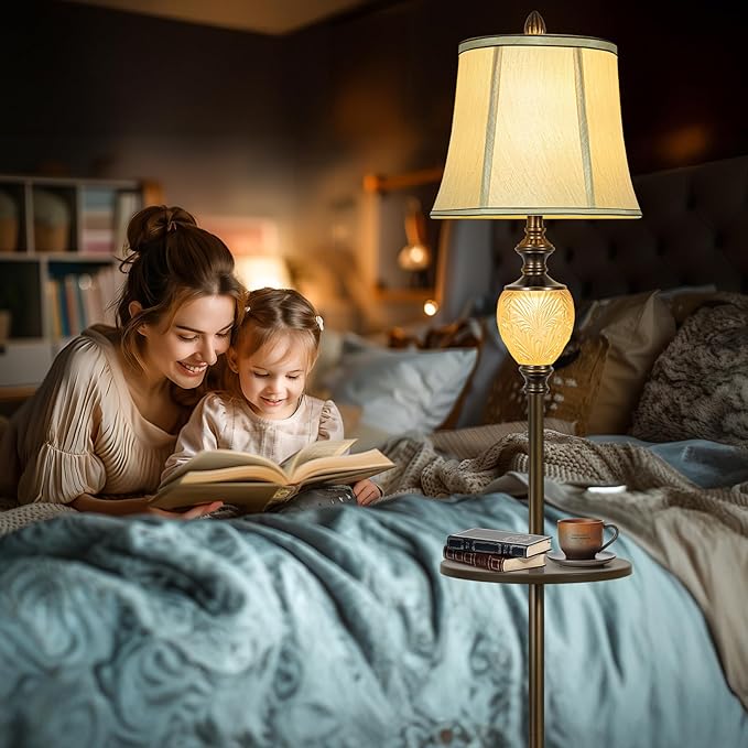 64" Vintage Floor Lamp for Living Room with Tray and Nightlight Farmhouse Tall Standing Lamp with Beige Faux Silk Shade Rustic Reading Lamp Decor for Bedroom Home Office Hotel Bar (Bulb Included) - Bloomnest